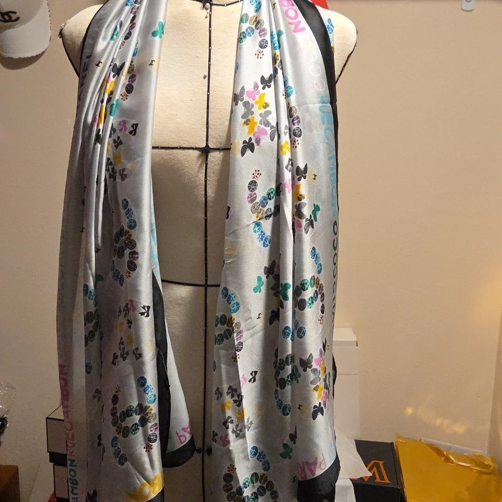 Chanel Coco RueCambon Cream Silk Scarf with Multicolor Logo‎ Pattern
